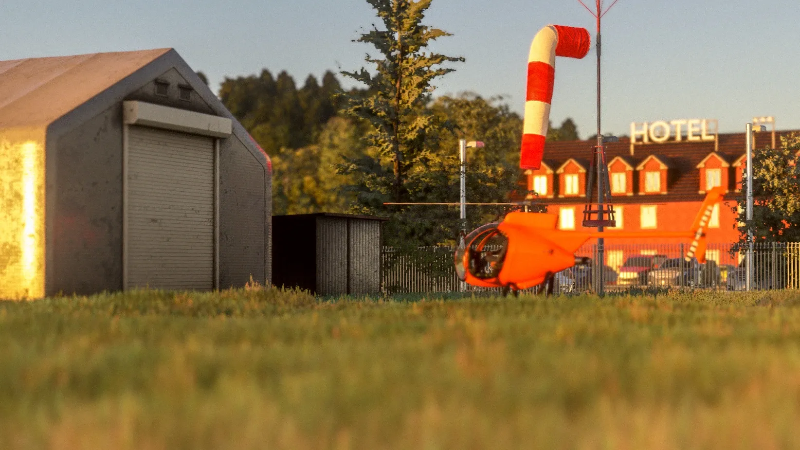 Helipad Hangar & Windsock Close-Up